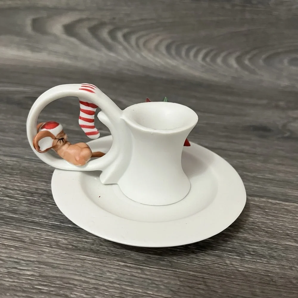 The Night Before Christmas Porcelain Candle Holder Mouse Vintage W/box No Candle
